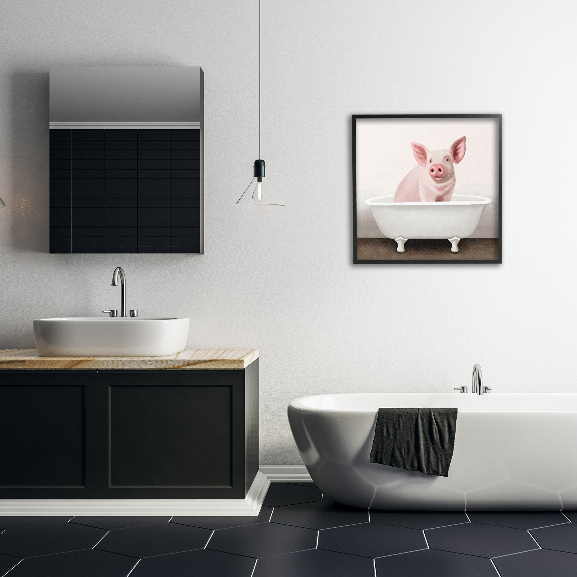Stupell Industries Pink Farm Pig in Country Bath Tub Animals & Insects Painting Black Framed Art Print Wall Art, 24 x 24