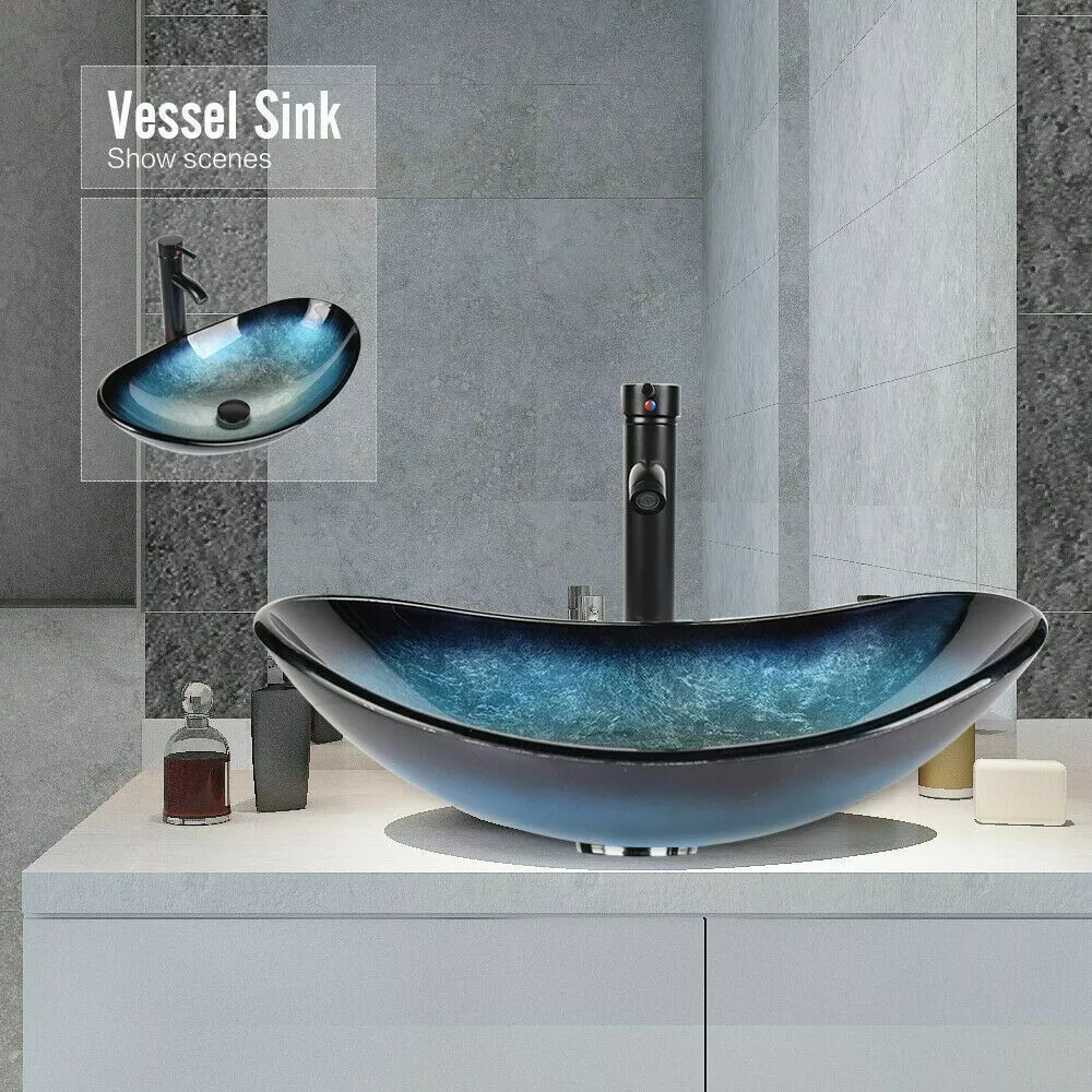 ELECWISH Bathroom Sink and Faucet Combo Artistic Tempered Glass Vessel Sink Basin Washing Bowl Set, Cabinet Countertop Sink with Chrome Faucet Pop-up Drain (Oval)