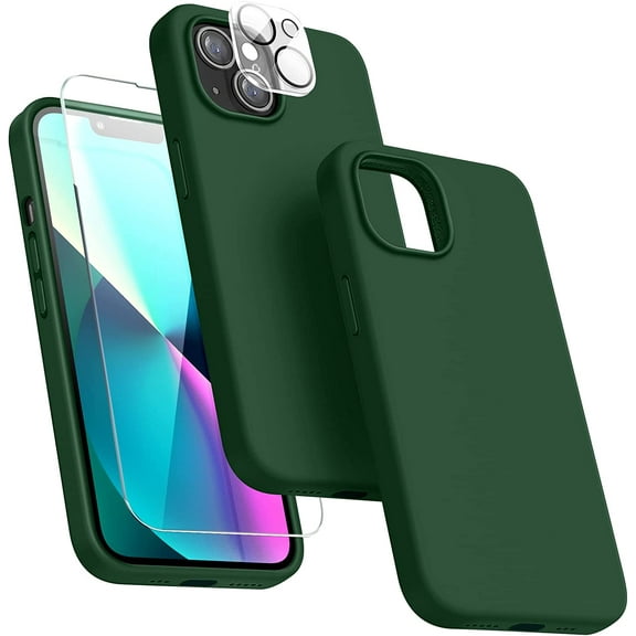 Silicone Case Designed for Apple iPhone 13 Liquid Silicone Case, 3 in 1 Bundle Phone Case with Clear Tempered Glass and Camera Lens Shockproof Case for Apple iPhone 13,Green
