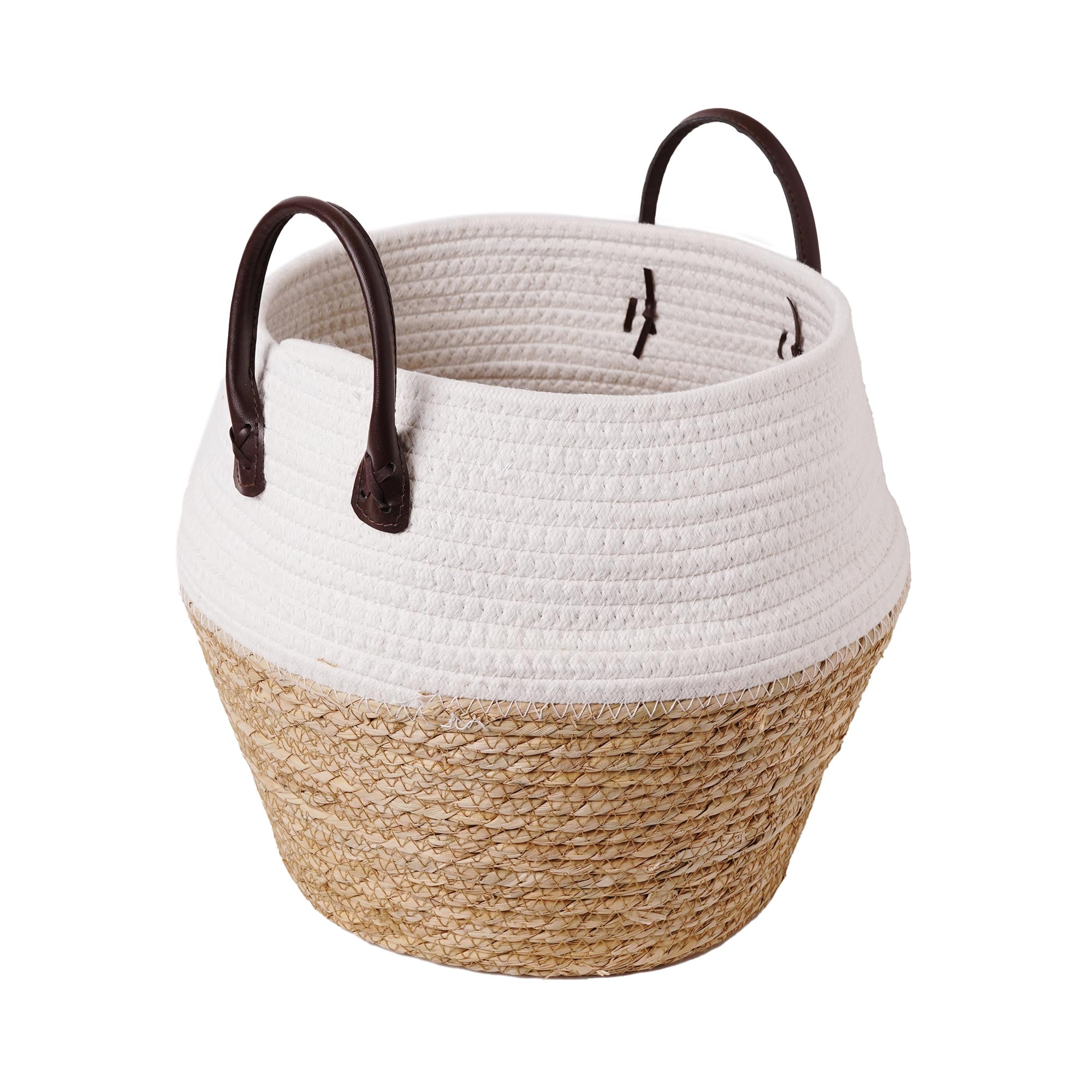 Boho Brown & Ivory Woven Cotton & Grass Rope Basket Decoration - 11' x 12.5' x 12.5'