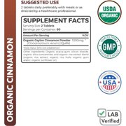 Healths Harmony 1000mg Ceylon Cinnamon Powder, Vegan Organic Cinnamon Supplement, 120 Tablets
