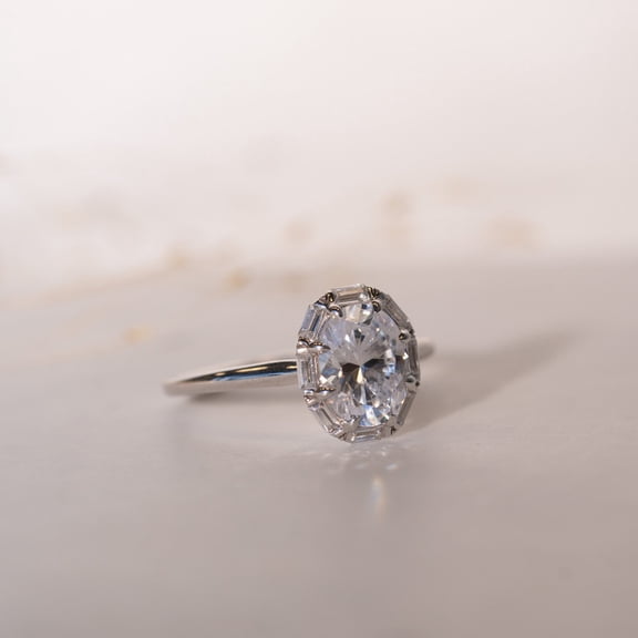 Kalapi Jewel 1.3 Ct Oval Cut Moissanite Engagement Ring for Women - 14K White Gold Plated Halo Promise Ring with Prong Setting - Ideal Wedding or Gift Jewelry