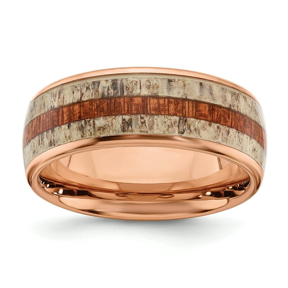 Primal Steel Stainless Steel Rose IP-plated with Wood and Antler Inlay 8mm Band