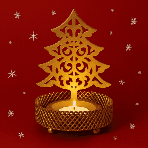 Satyankit Gold Metal Tree Tealight Candle Holder