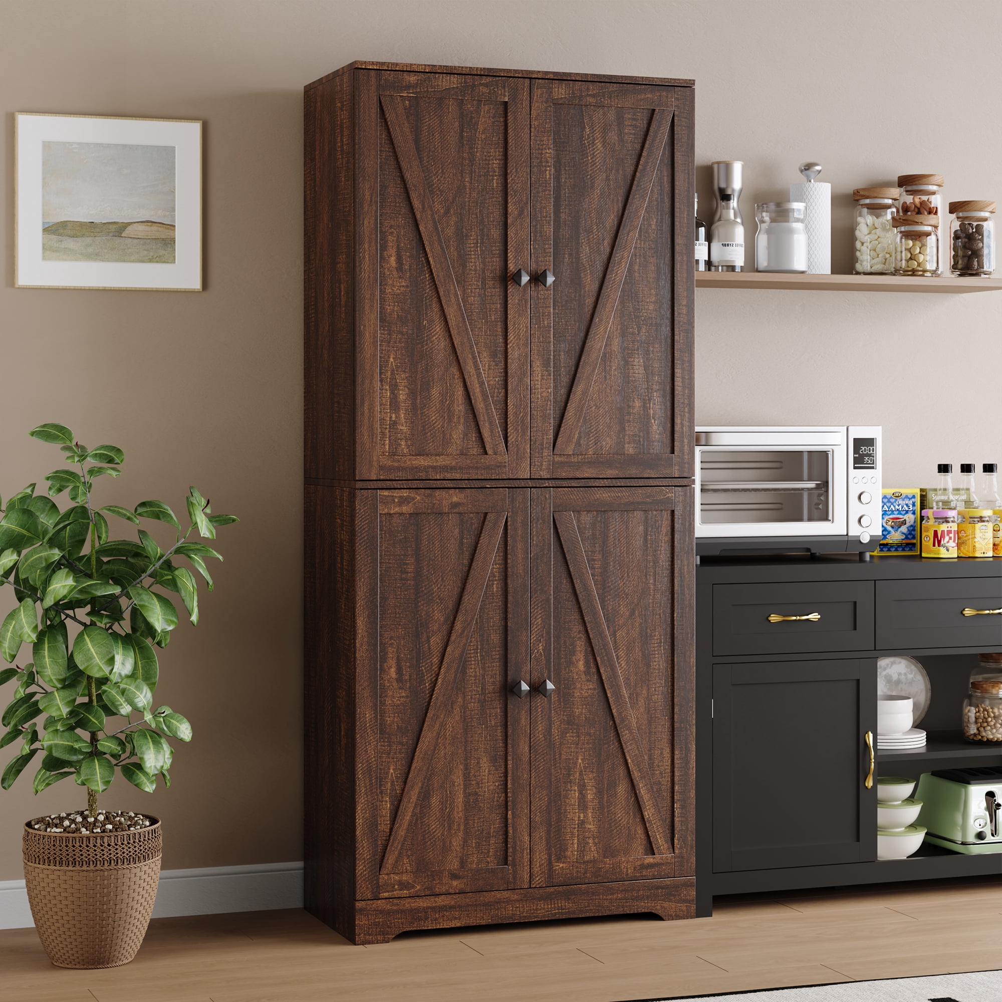 YouTrend 72'' Farmhouse Kitchen Pantry Cabinet with 4 Barn Doors,Storage Cabinet W/ 4 Shelves for Living Room,Kitchen,Bathroom,Brown