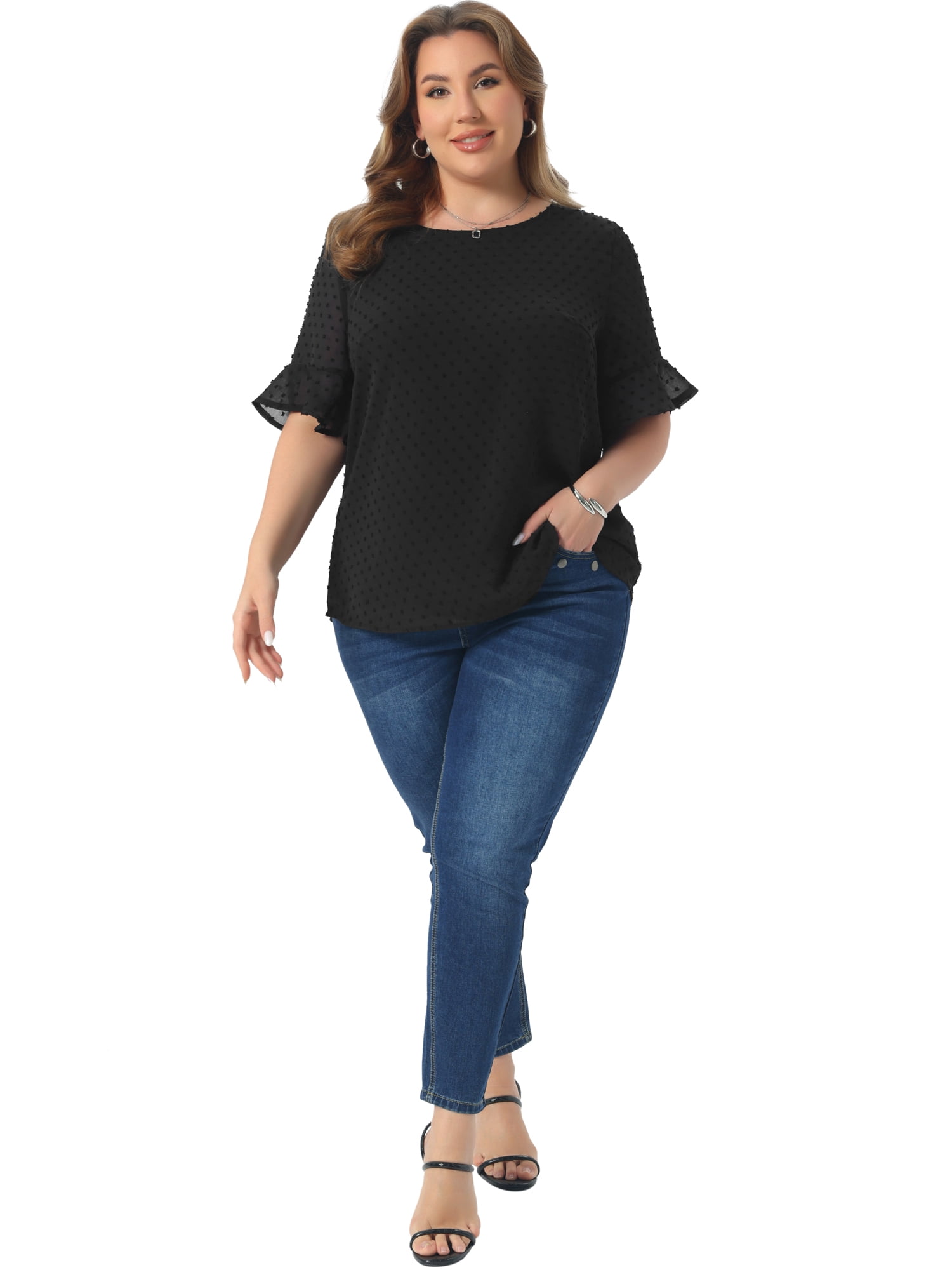 DARING DIVA Women's Plus Round Neck Ruffle Sleeve Swiss Dots Top 4X Black