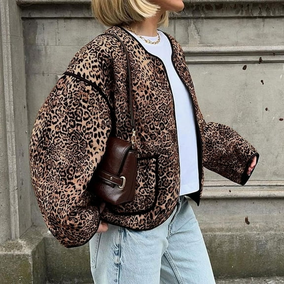 Leopard Lightweight Quilted Jackets For Women Open Front Long Sleeve Crewneck Cropped Jacket Outwear Women's Winter Jackets plus Size plus Size Western Wear 2xl Womens Winter Coat Rain Jacket for plus