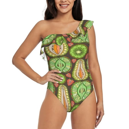 Gukieu Fruits 1 Print One-shoulder Ruffled One-piece Swimsuit with Removable Chest Pads and Tummy-control Swimsuit for Women-
