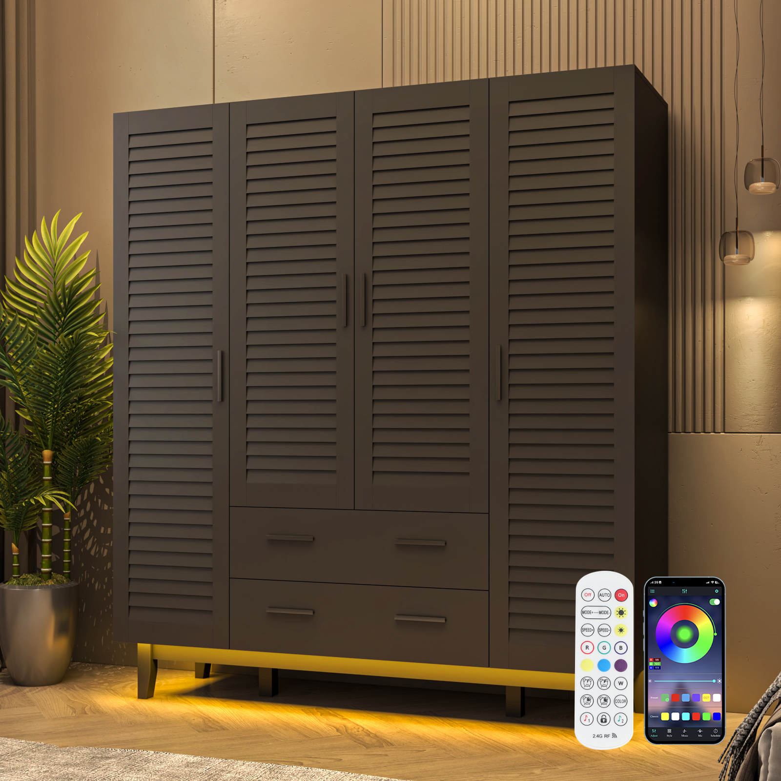 Blotout 70" Armoire Wardrobe Closet with Mirror & LED Lights, 4 Door Wardrobe Armoire with 2 Large Drawers, LED Wood Armoire Storage with Hanging Rods and Multi-Layer Shelves(Black)