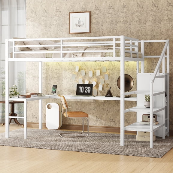 Full Size Loft Bed Frame with L-shaped Desk and USB Charging Station, LED Lights Metal Loft Bed with Wardrobe and Adjustable Shelf for Bedroom, Apartment, Dorm, Mattress Not Included, White