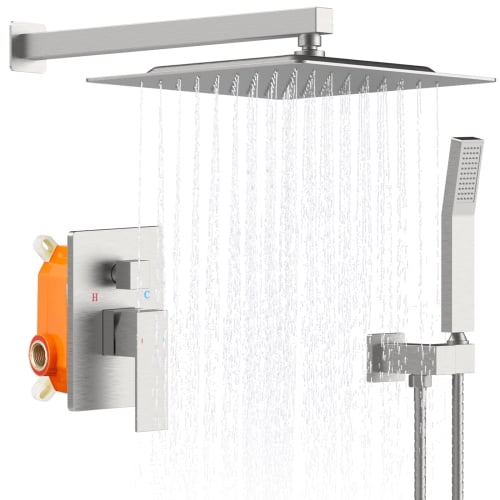 Shower System Shower Faucet Combo Set Wall Mounted with 10" Rainfall Shower Head and handheld shower faucet, Brushed Nickel Finish with Brass Valve Rough-In