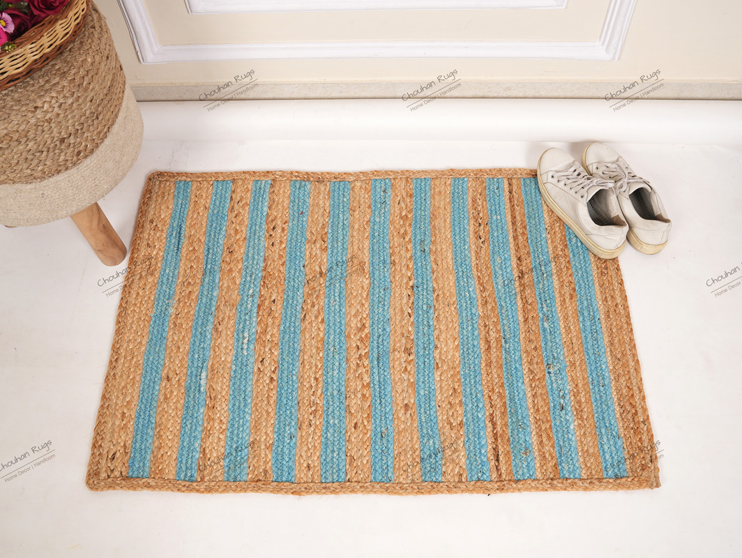 Natural Jute Area Rug Hand Braided Rug Cyan Scalloped Rectangle Rug