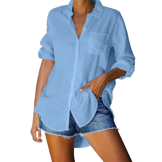 YFELWZ Womens Plus Size Solid Color Casual Loose Breasted Shirt Top Blue XL