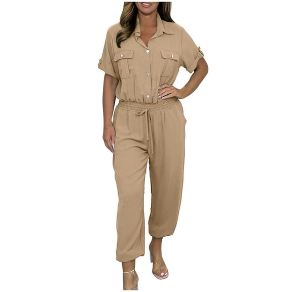 ABATAB Plus Size Jumpsuit for Women Short Sleeve Button down Rompers Cargo Outdoor Hiking Long Pants Jumpsuit with Pockets