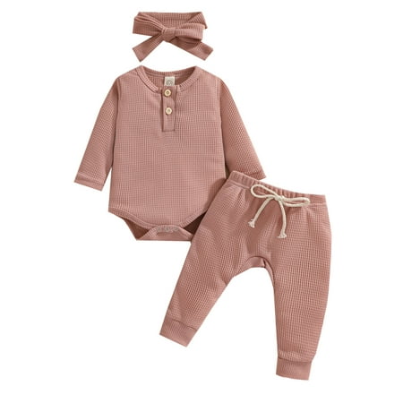 

3 Pcs Infant Baby Boy Girl Waffle Clothes Solid Color Long Sleeve Romper Top Pants Headband Fall Winter Outfit Set