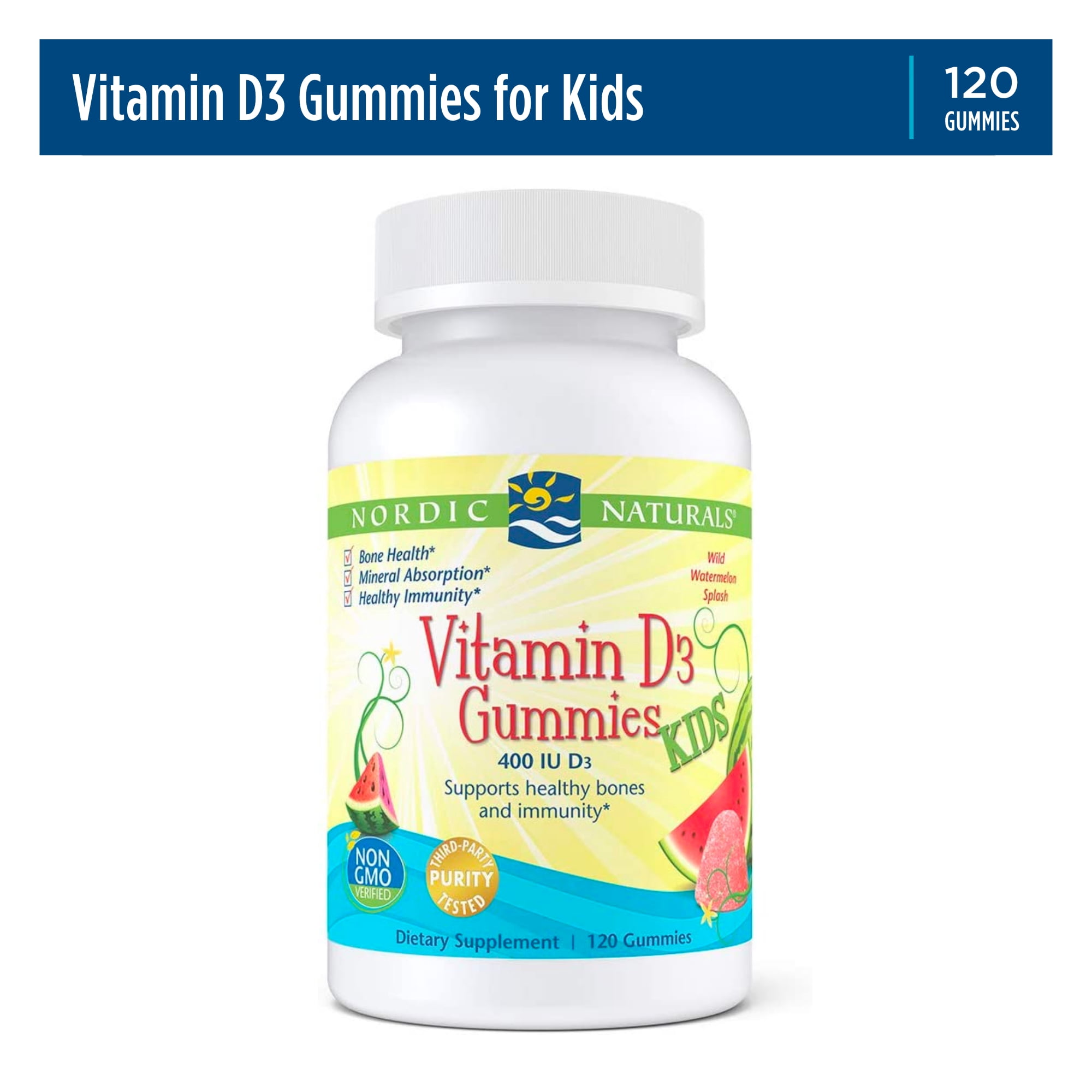 Nordic Naturals Vitamin D3 Gummies Kids, 400 IU, Vegetarian, Non-GMO 120 Ct