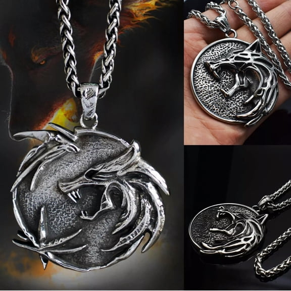 HOOUN Men's Punk Witcher Wolf Pendant Necklace Rock Biker Jewelry Stainless Steel 24"