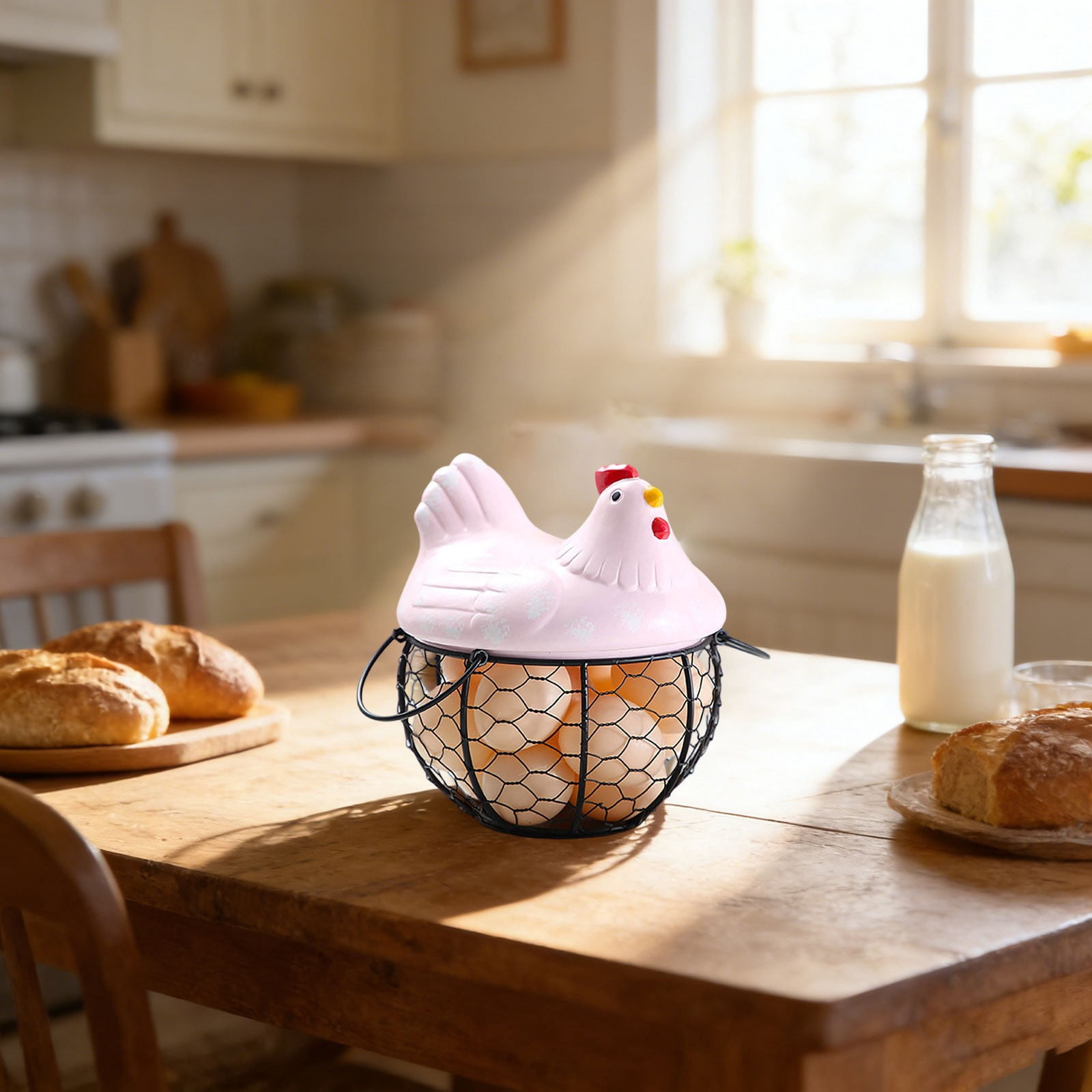 Farmhouse Egg Basket with Ceramic Lid, Black Wire Egg Holder for Fresh Eggs, Decorative Chicken Design Egg Storage Container, Kitchen Countertop Organizer Case for Eggs