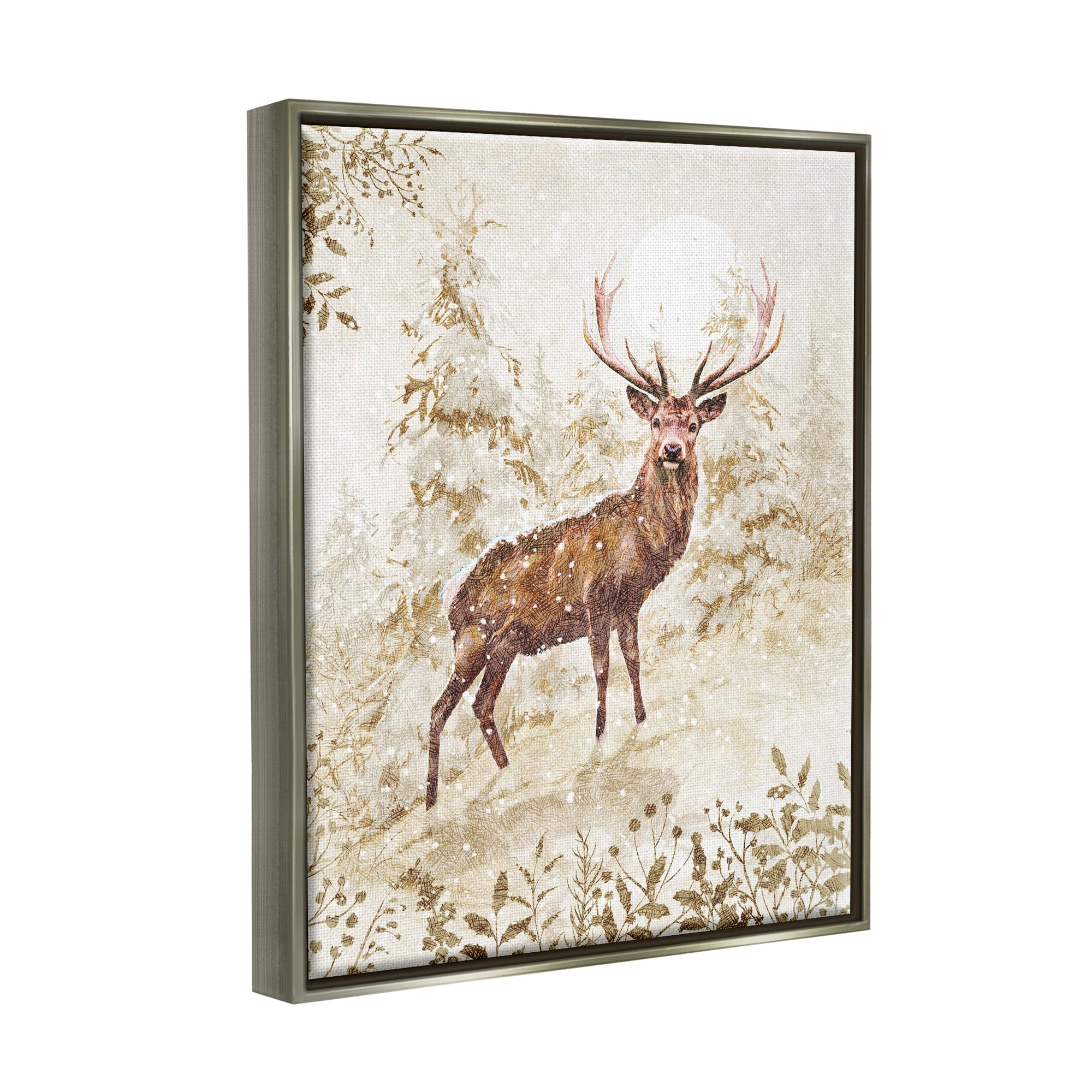 Stupell Industries Elk Snow Covered Forest Holiday Painting Gray Floater Framed Art Print Wall Art