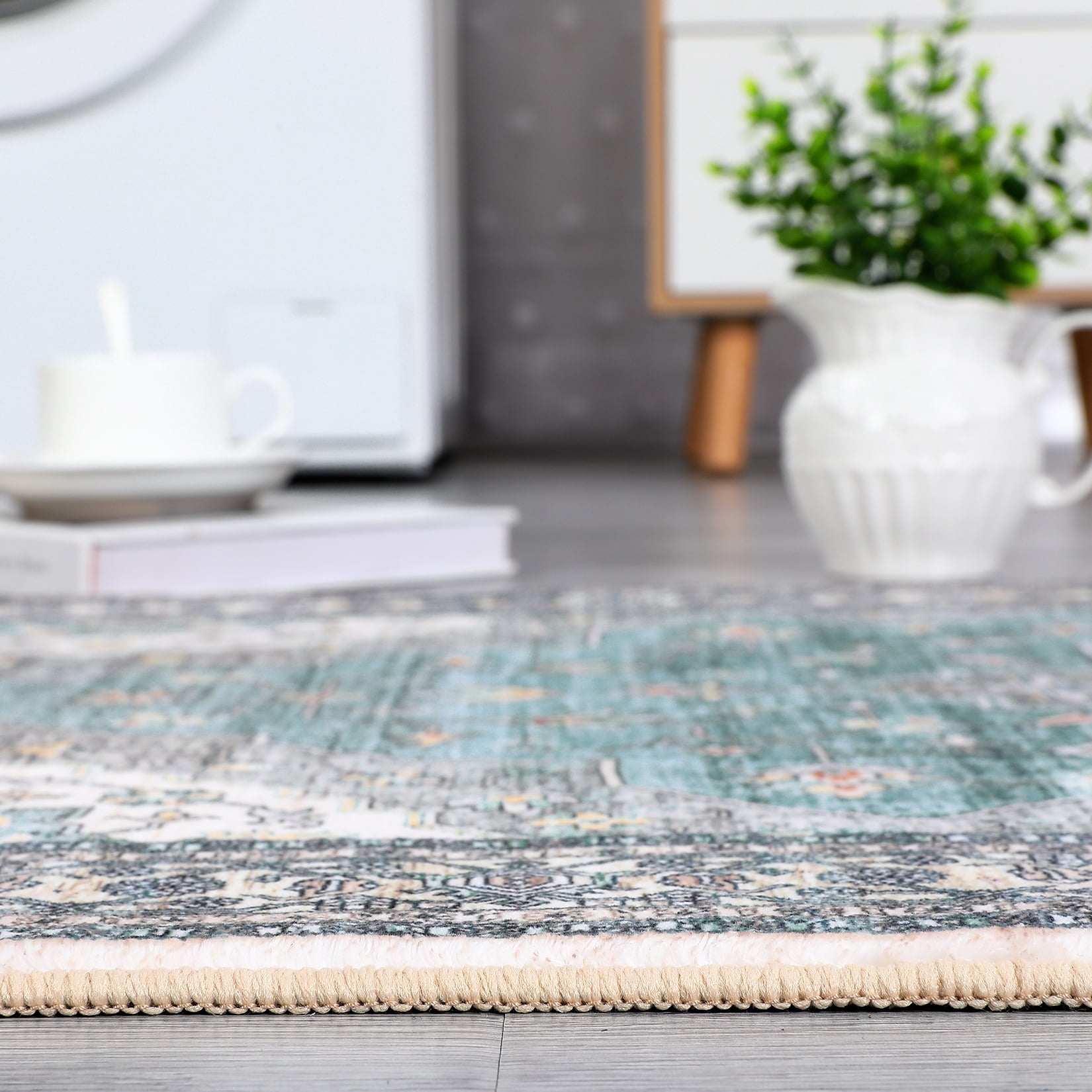 HOMERRY Washable Area Rug 9' x 12' Rug for Living Room Floral Pattern Carpet, Teal