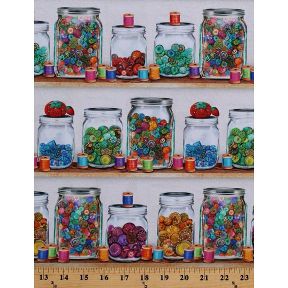 Cotton Jars of Colorful Buttons Thread Craft Room Notions Sewing Emporium Cotton Fabric Print by the Yard (ATXD-19626-200VINTAGE)