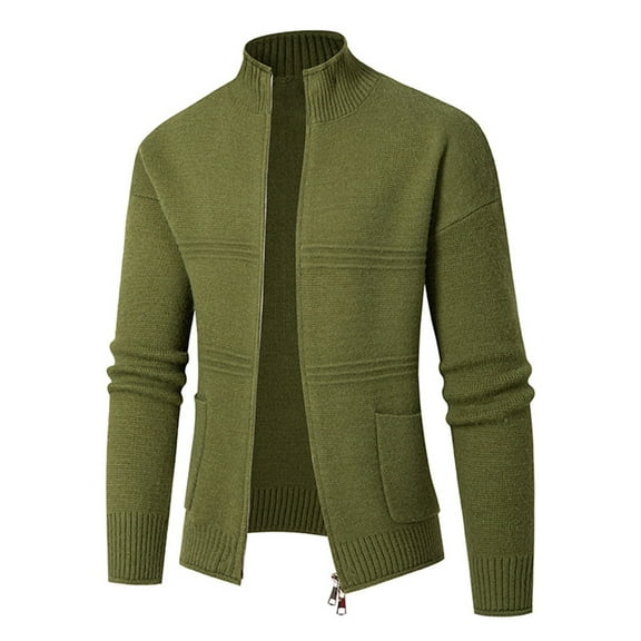 Timoontee Men's Cardigan Sweater Casual Comfy Stand Collar Tops Solid Zip Up Sweater Slim Fit Knit Sweater Fall Winter Fashion Clothes Army Green XXL