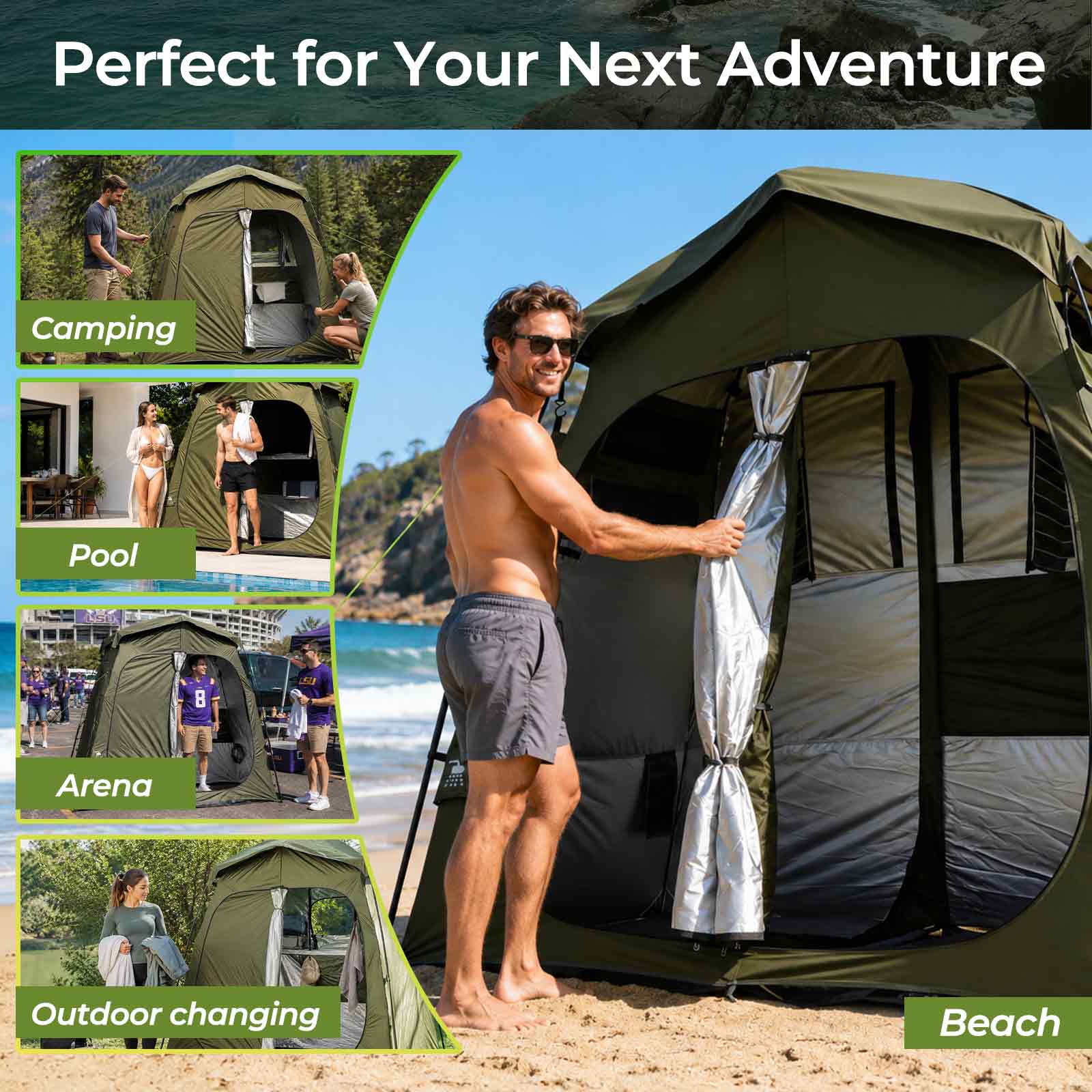 Carpa de ducha para acampar QUIETLEMON de 7.5 pies, carpa portátil de privacidad de 2 habitaciones con bolsa de ducha, baño y vestidor para exteriores, refugio instantáneo de apertura rápida para playa, campamento y senderismo 2