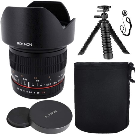 Rokinon 10mm f/2.8 ED AS NCS CS Ultra Wide Angle Lens for Fuji X w/Lens Hood + Protective Lens Case  Spider Flex Tripod & Other Accessory Bundle