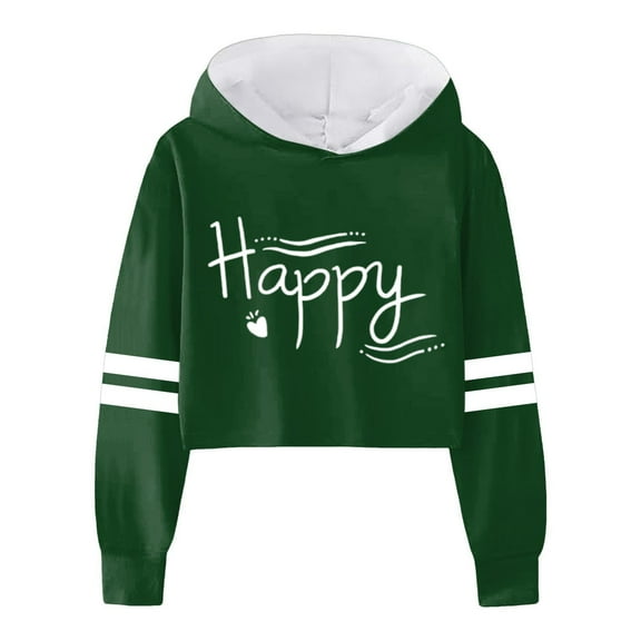 FAOWME Child Girls Long Sleeve Letters Solid Color Crop Sweatshirt Hoodie Pullover Tops For Kids Dark Green 8-9 Years