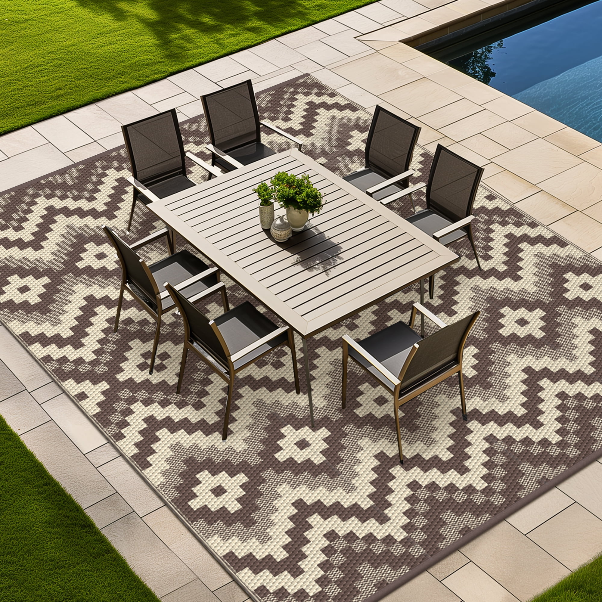 KUETH 6' x 9' Outdoor Rug Waterproof Camping Patio Rug Boho Geometric Reversible Outdoor Plastic Carpet for RV Blcony Picnic Porch,COFFEE&BEIGE