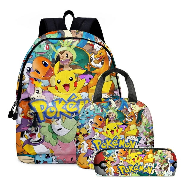 Pokemon Grande Capacité Sac à Dos École Sac de Voyage Sac à Lunch Crayon  Cas Ensemble Pikachu Anime Cartoon Bag 