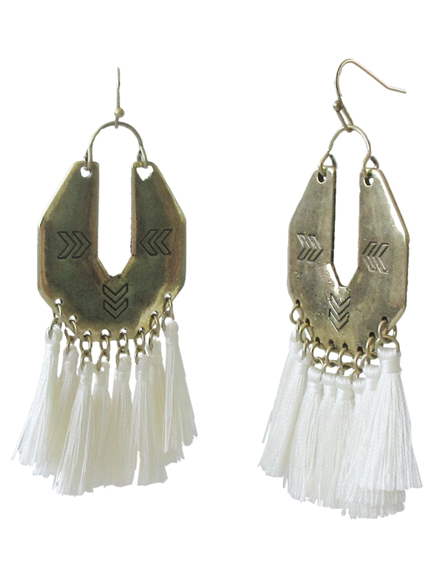 Time and Tru Women's Boho Chic Tassel Earrings Set - Brown & Winter White Hoops with Diamond & U-Shaped Metal Designs