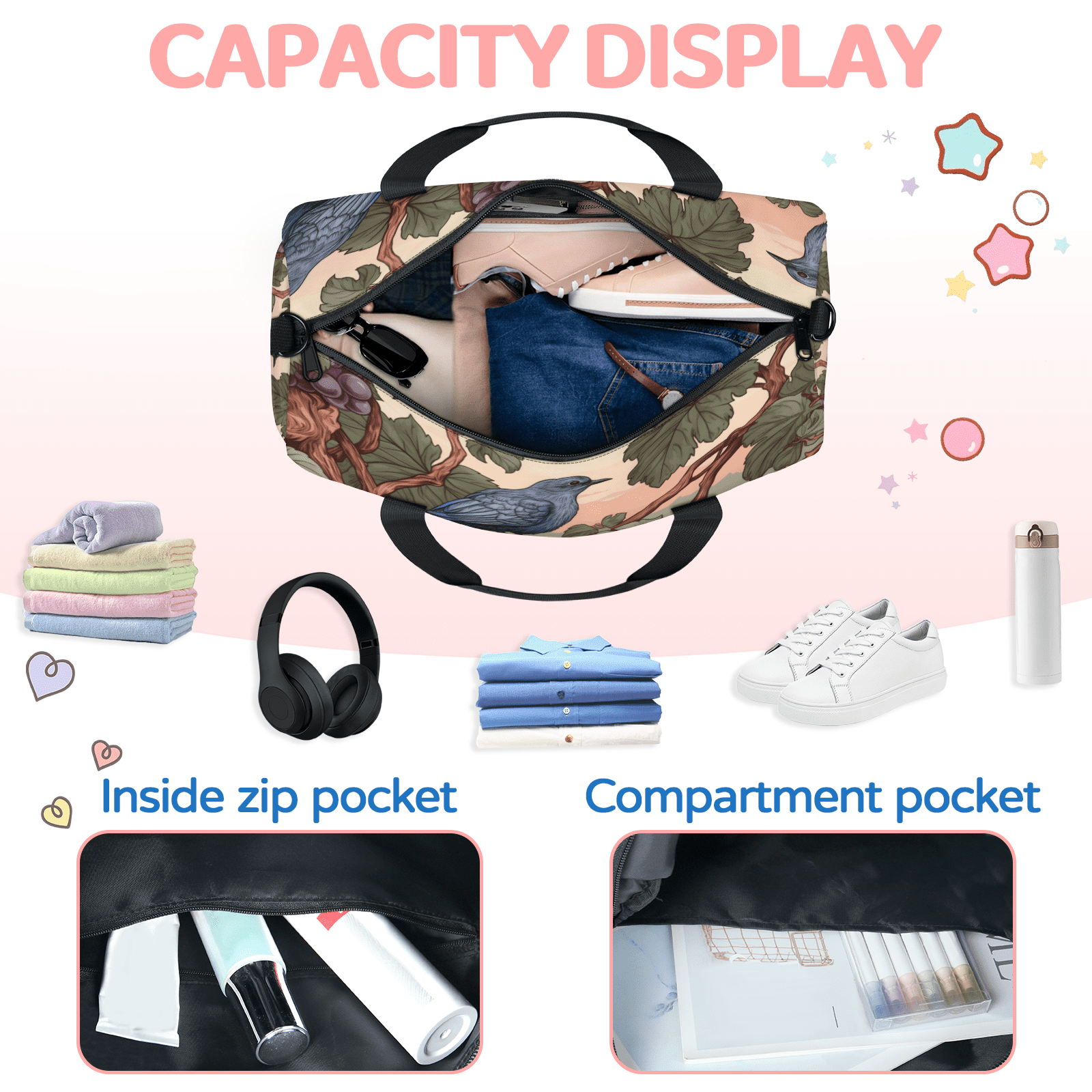 Herdesigns Vintage Bird Travel Duffle Bag Sports Yoga Weekender Overnight Carry on Workout Bags Lightweight Waterproof Gym Tote Bag for Women