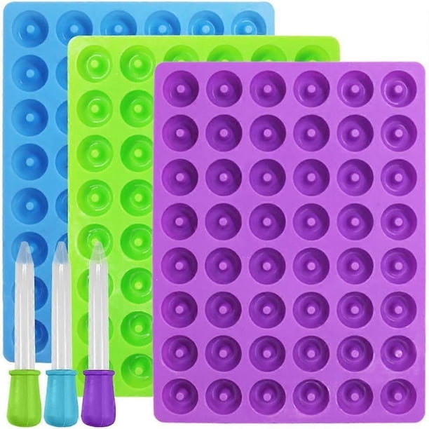 3 Pack Mini Donut Silicone Molds, YuCool Non-stick Food Grade Silicone Candy Chocolate Jelly, Ice Cubes, Comes with 3 Droppers - Blue, Green, Purple