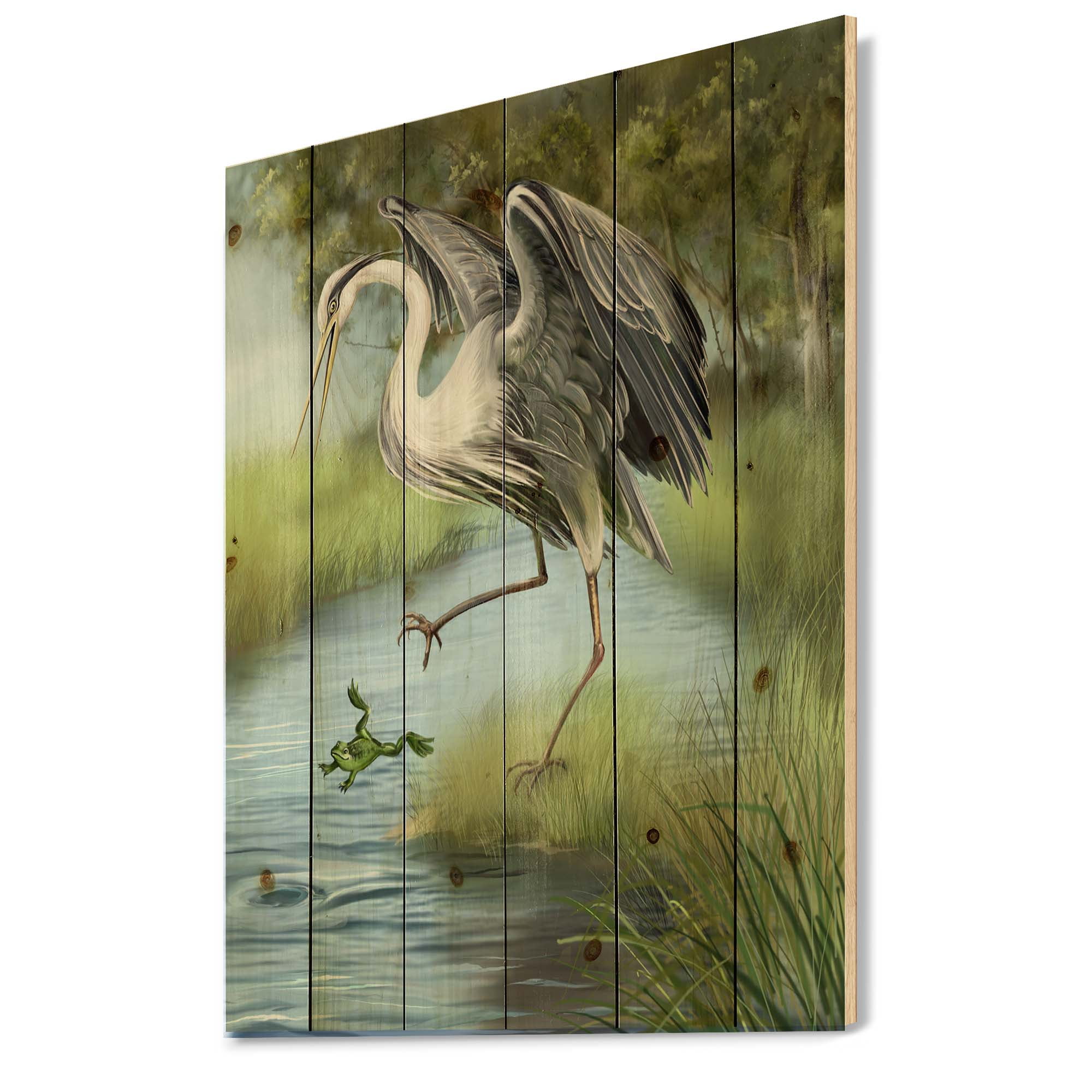 Designart 'Crane Hunting A Frog' Farmhouse Print on Natural Pine Wood