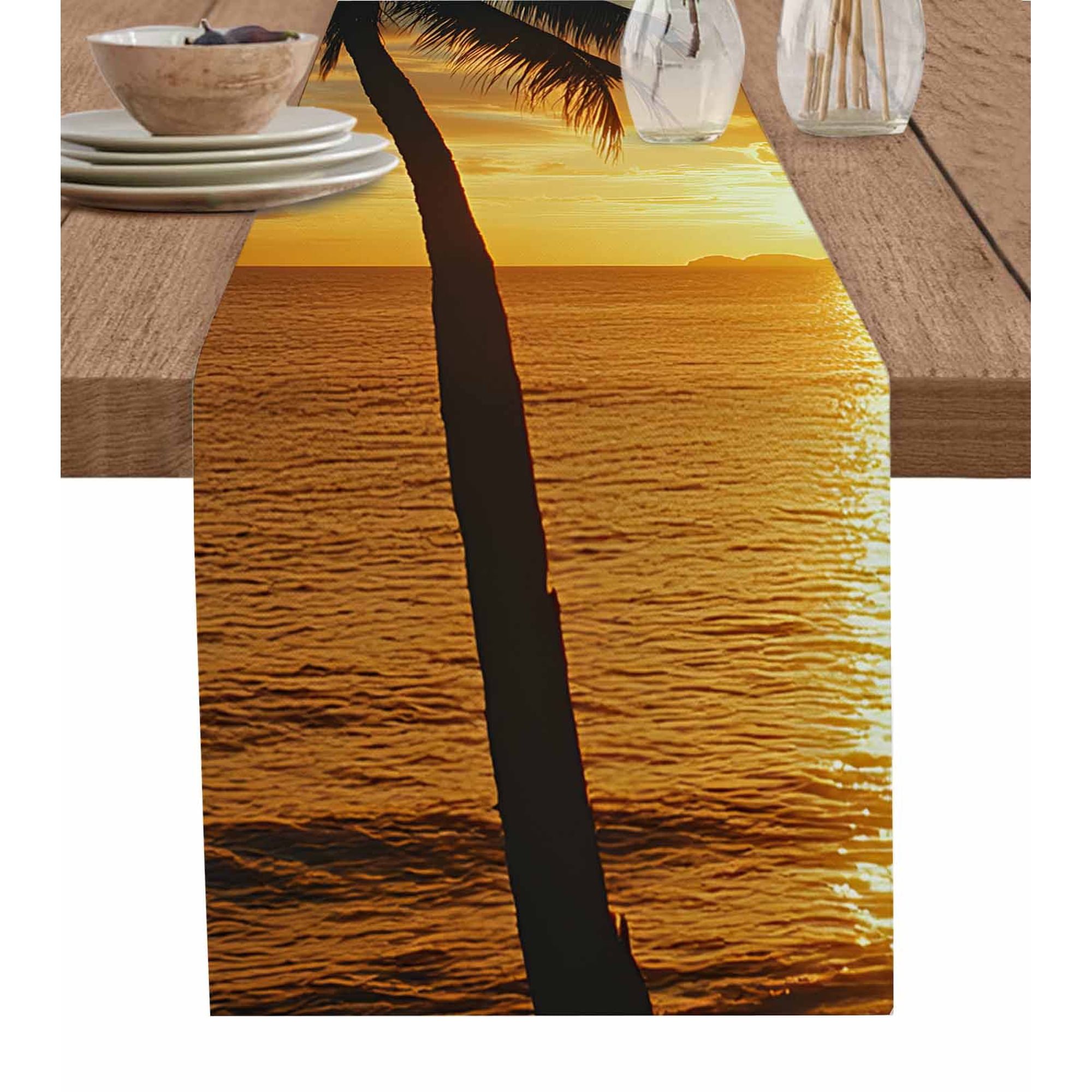 Boanket Ocean Sunset Table Runner - 72 Inch Long Kitchen Dining Table Runner Dresser Scarves Palm Tree Beach Coastal Seaside Seashore Farmhouse Decor for Coffee Tables Wedding Party Banquet