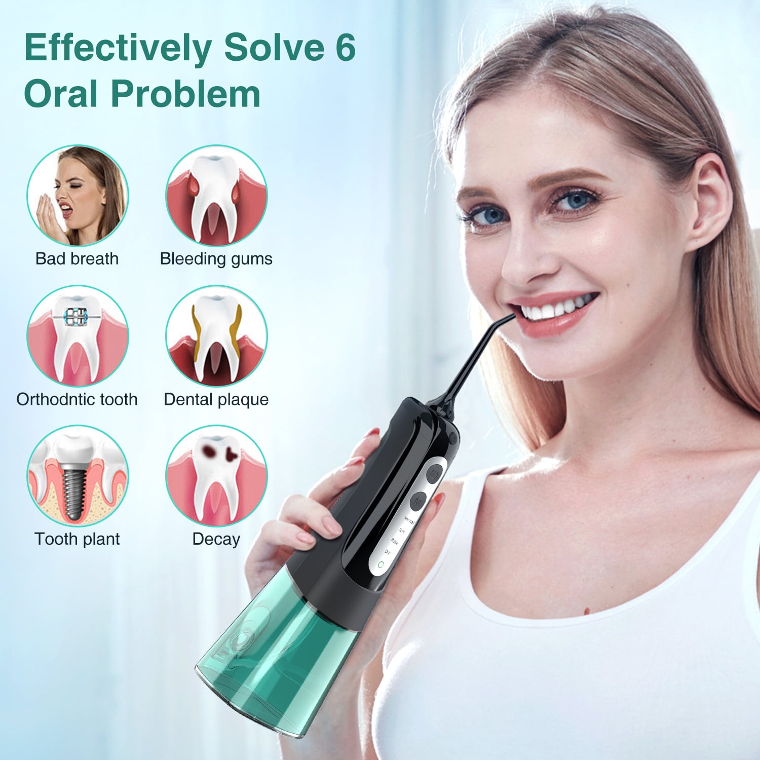 INSMART 300ML Cordless Water Flosser Dental Teeth Cleaner，Portable Oral Irrigator, Electric Flossing Cleaner(6 Jet）