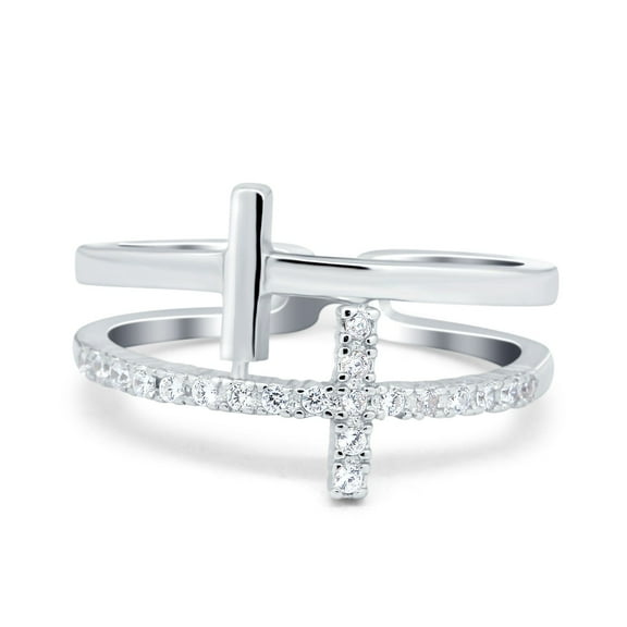 Simulated Cubic Zirconia Size-5 Sideways Cross Ring Round 925 Sterling Silver