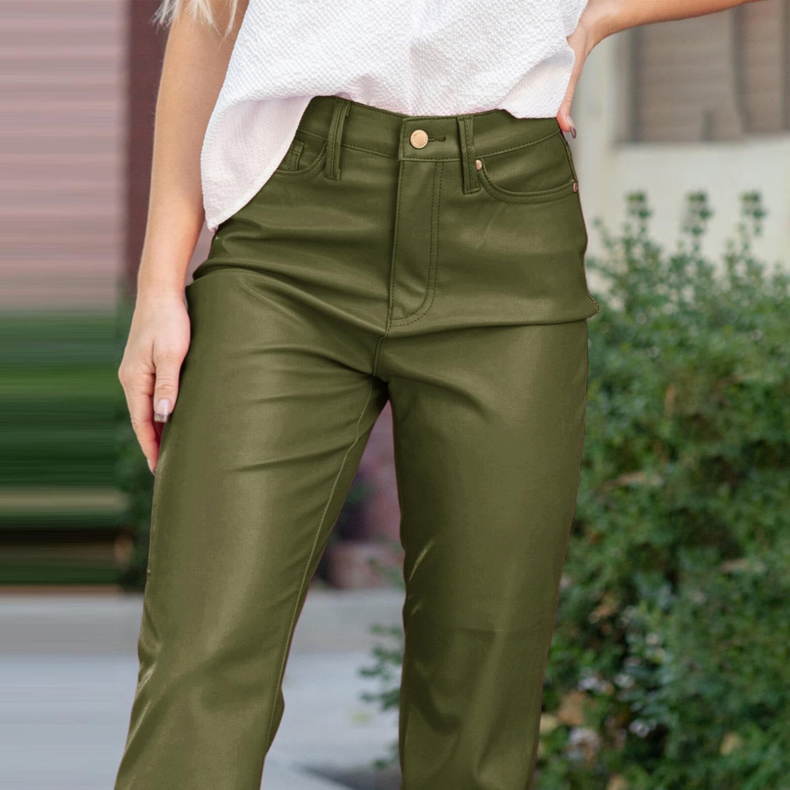 Clearance!FUNUONY Leather Pants for Women Faux Leather High Straight Pants Leg Vegan Leather Business Pant Trousers Work Pants Women Sweatpants Women Army Green XL