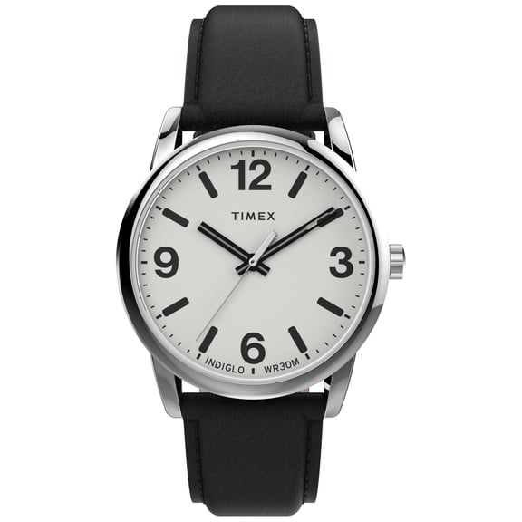 Timex Men's Easy Reader Bold 38mm Watch – Silver-Tone Case White Dial with Black Leather Strap