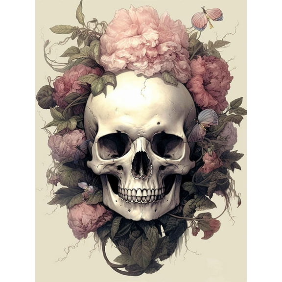 5D DIY Diamond Painting Set "Art Skull and Flowers" Round Diamond Art Crafts for Adults, Suitable for Wall Decoration, Bedroom and Home Decoration