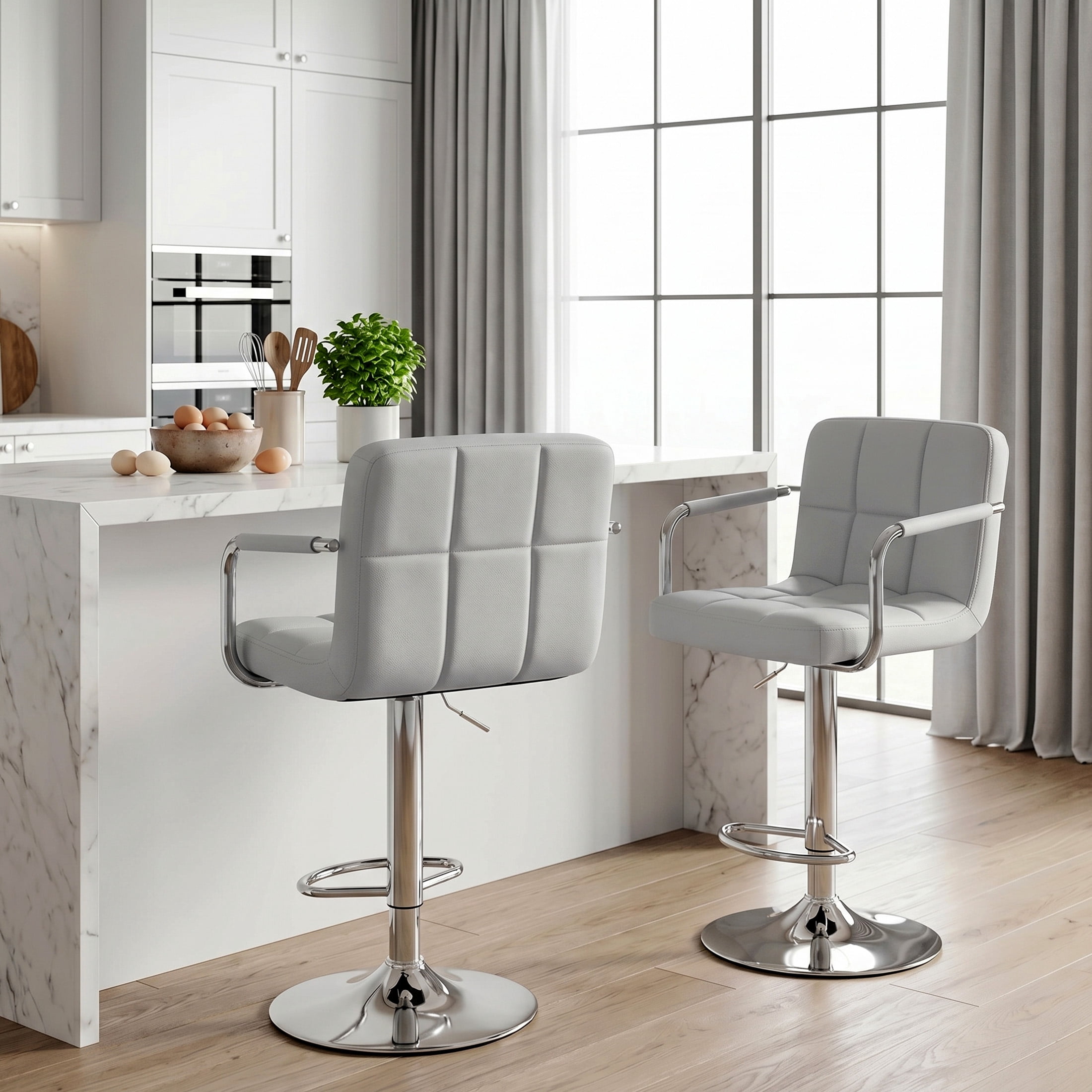 CONCETTA Set Of 2 Swivel Bar Stools With Armrests, Made of Adjustable Pu Leather with Back & Footrest,Gray