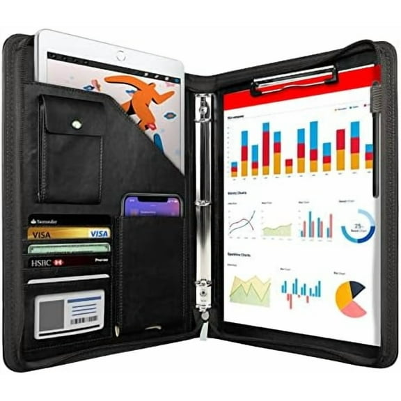 Zippered Portfolio Organizer,  Leather Padfolio with 3 Ring Binder, Professional Business Binder, Organizer for IPad/Document, Phone & Business Cards, Office Gifts for Men or Women (Black)