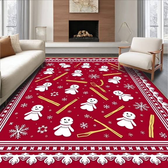 ODIKA 4'x6' Machine Washable Non-Slip Area Rug, Jolly Snowman Baking Spice Entrance Yuletide Confection Design High Traffic Rug, Red, 631045