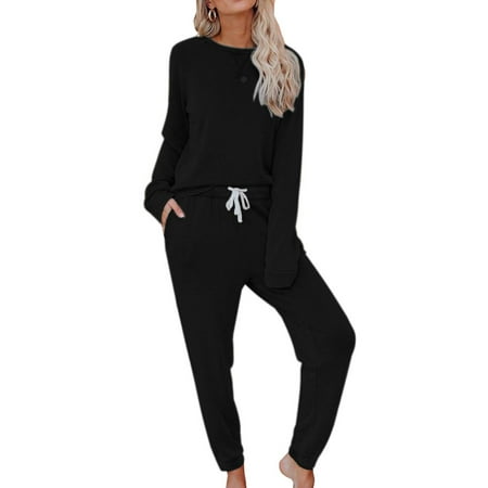 

Lumento Women Beam Foot Home Clothes Nightwear Baggy Pjs Lounge Set Casual Loungewear With Pockets Black XL