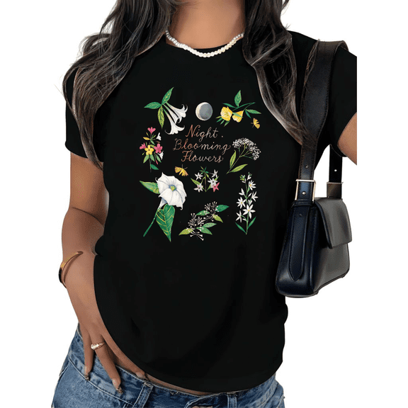 UNISHE Women's Astrology Floral T-Shirt Night Blooming Moon Short Sleeve Crewneck Top S-5XL