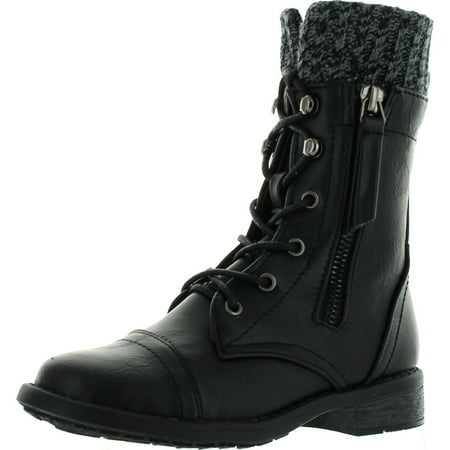 

Link Girls Justina58k Kids Leatherette Sweater Cuff Lace Up Zip Decor Mid Calf Ankle Combat Boots Black 9