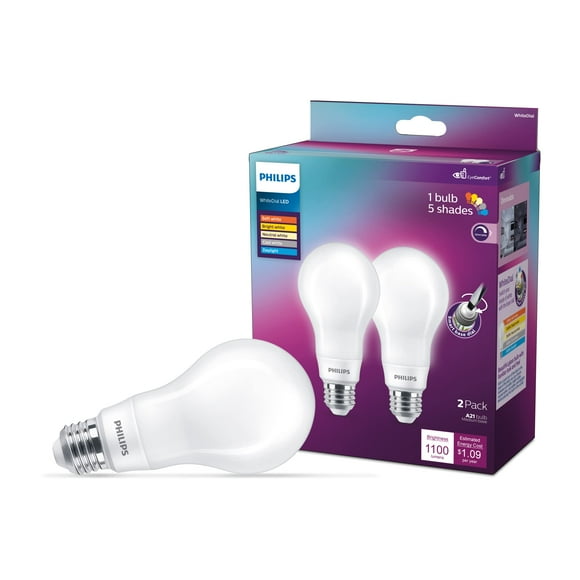 Bombilla LED PHILIPS A19 de 9 W = 75 W, 1100 lm, 5 tonos de blanco, paquete de 2
