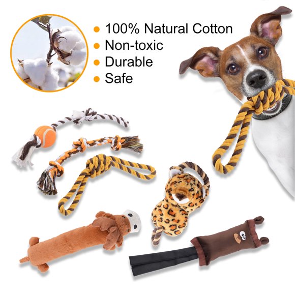 6 Pieces Puppy Chew Toys, Promote Clean Teeth Durable Rope Interactive Dog Toys Set with Squeaky Sound