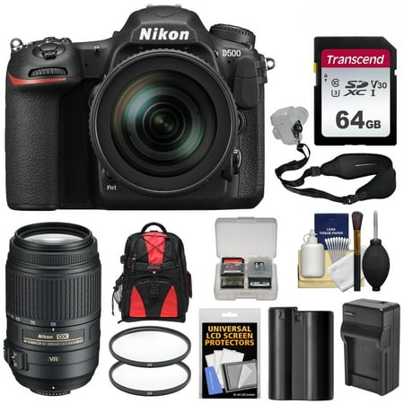 Nikon D500 Wi-Fi 4K Digital SLR Camera + 16-80mm VR Lens with 55-300mm VR Lens + 64GB Card + Backpack + Battery + Charger + Filters + Strap + Kit